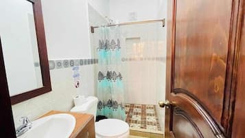 Hair dryer, towels, soap, toilet paper