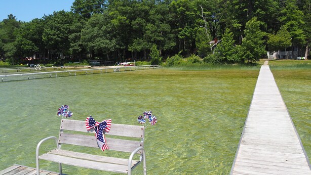 A wooden dock extending into a body of water, with a bench adorned with American flags.