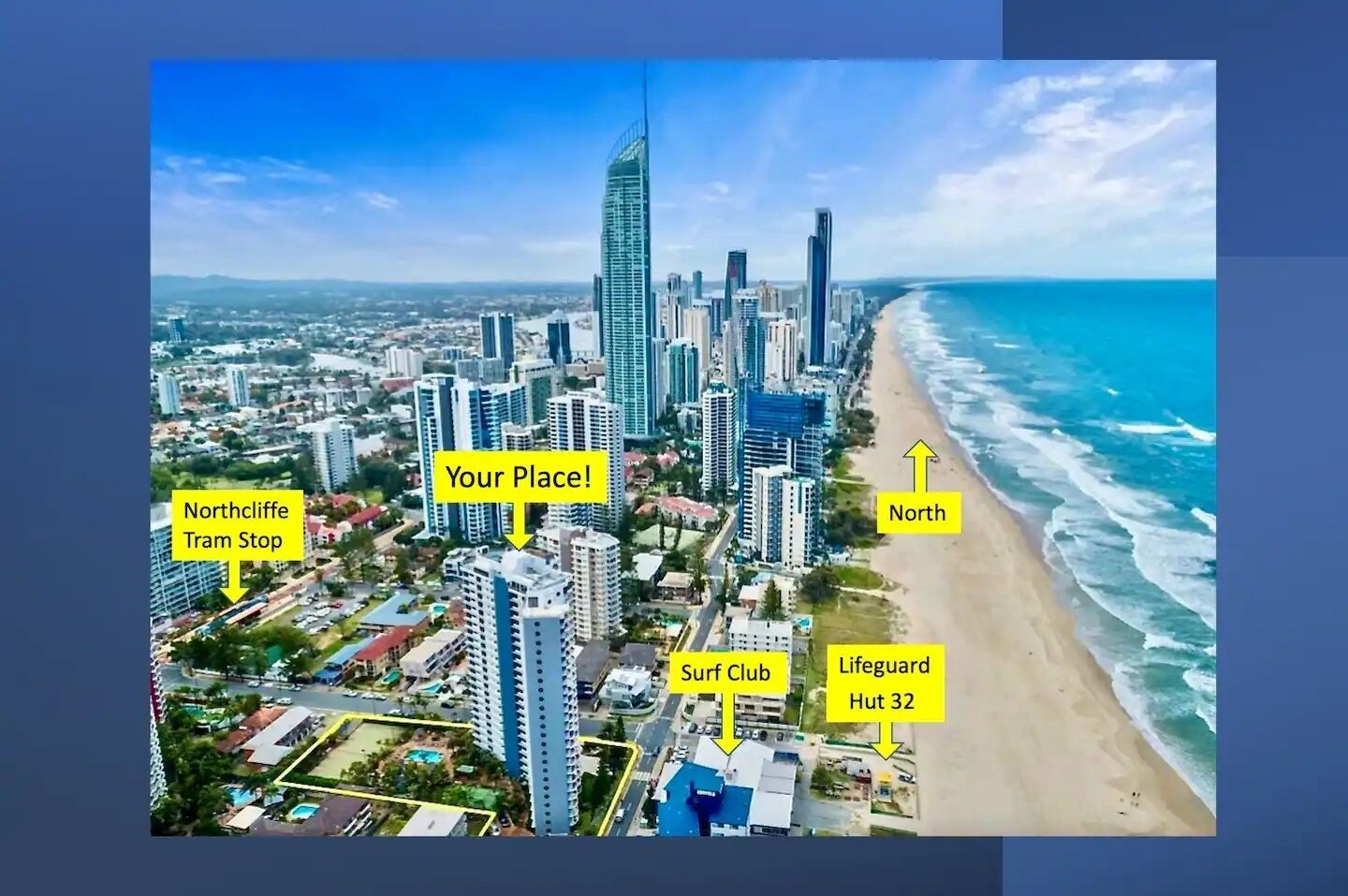 An aerial view of a coastal city with high-rise buildings, a beach, and labeled landmarks such as Northcliffe Tram Stop, Surf Club, and Lifeguard Hut 32.
