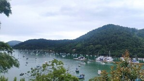 A marina with numerous boats docked, surrounded by lush green hills. - Geneis  (Ubatuba)