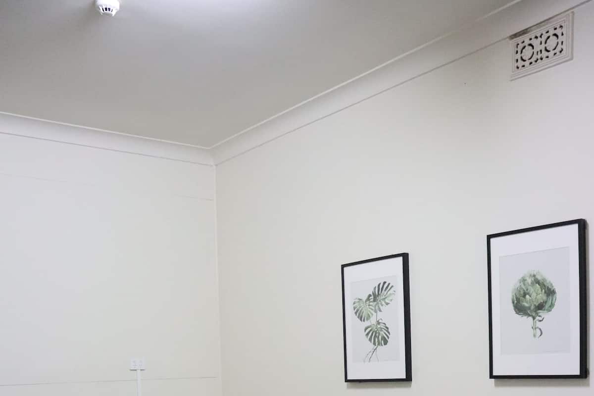 A hotel room with two single beds, a chair, and two framed botanical prints on the wall.