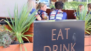 A sign with "EAT DRINK STAY" and "COURTHOUSE Hotel" text, indicating a dining area. - The Court House Hotel (Gunnedah)