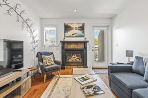 Smart TV, lareira, DVD player, livros