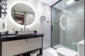 Hair dryer, towels, soap, shampoo