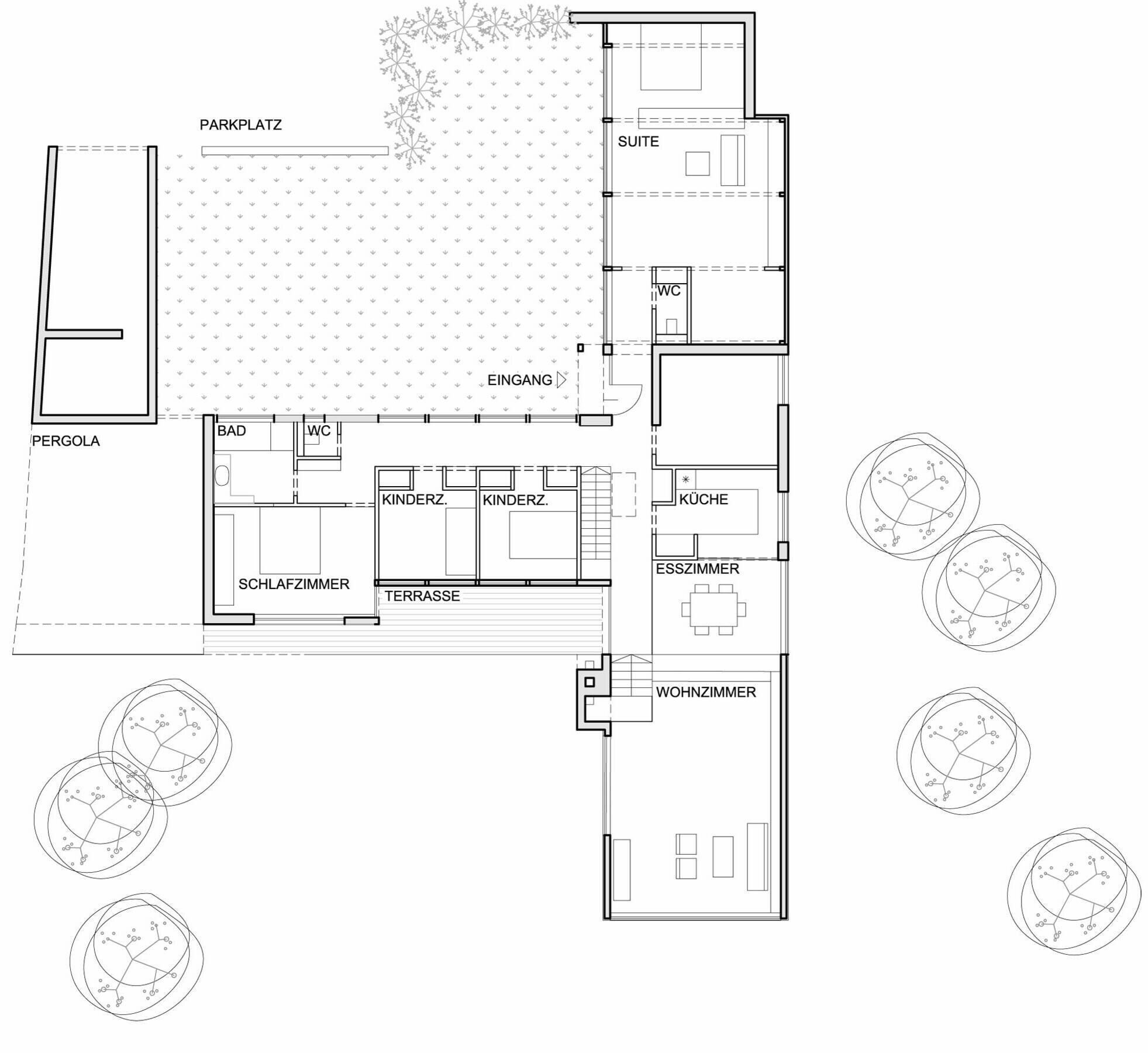 A floor plan with a park, suite, kitchen, dining area, living room, children's rooms, bathroom, and a pergola.