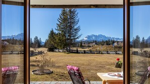 Blick aus einem Zimmer mit großen Fenstern auf einen grünen Hof, einen hohen Baum und Berge in der Ferne.