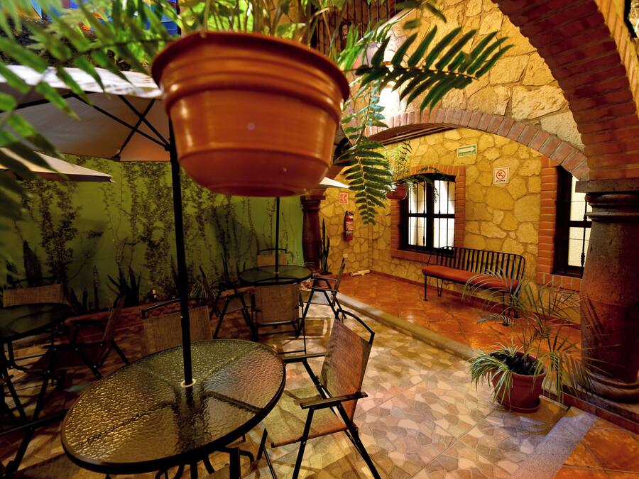 An indoor patio area with tables and chairs, potted plants, and a stone wall.