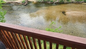 A wooden deck overlooking a calm river with clear water, surrounded by greenery. - Cabin on the Water! Cabin #5 (Noel)