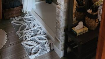 Hair dryer, towels, soap, toilet paper