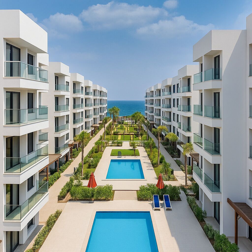 A modern hotel with a central swimming pool, multiple balconies, and a view of the ocean.