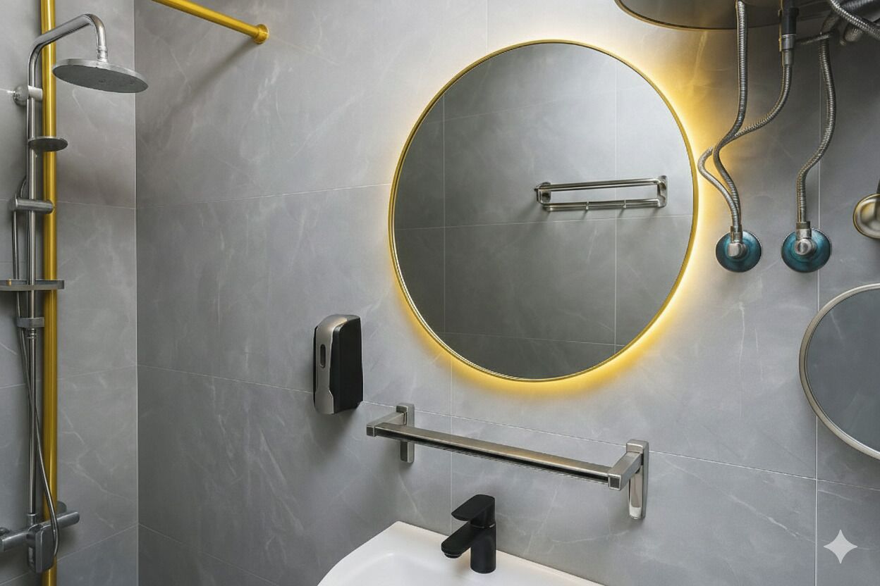 A modern bathroom with a round mirror, a handheld showerhead, a towel rack, and a soap dispenser.