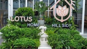 A hotel entrance with a sign reading "LOTUS HOME HILL SIDE" surrounded by lush greenery and a pathway leading to the entrance. - Lotus Home Hillside (Phu Quoc)