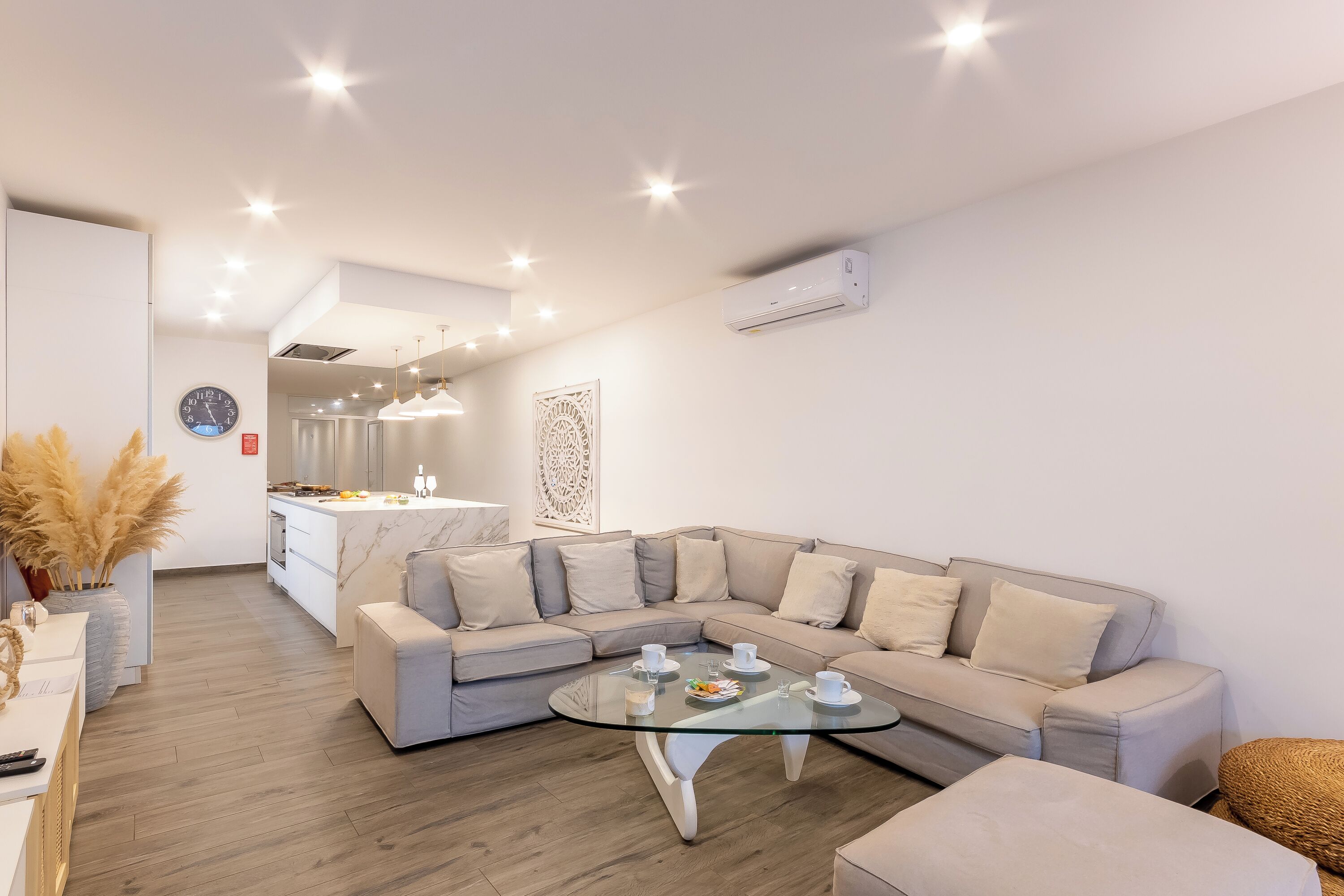 Family Apartment, Multiple Bedrooms, 2 Bathrooms (Modern Beautiful Pool And Sea Apt) | Living area | 21-inch TV with cable channels, video game console
