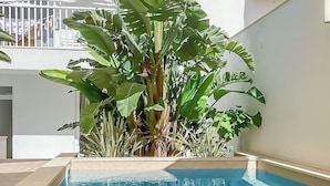 A swimming pool with a tiled edge, surrounded by lush green plants and a white wall. - Modern Beautiful Pool And Sea Apt Qawra (St. Paul's Bay)