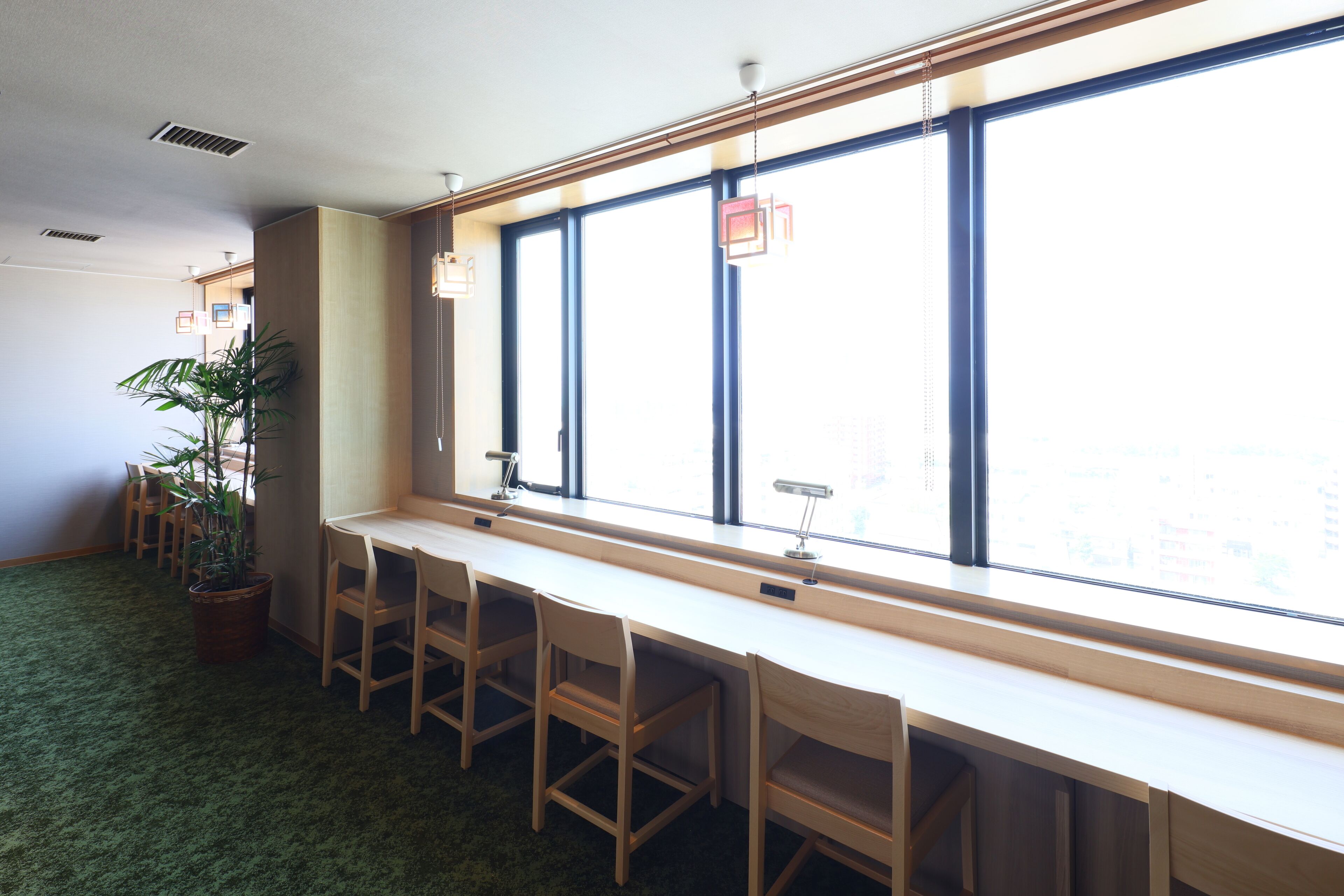 A long, narrow room with a high window, a potted plant, and several wooden chairs.