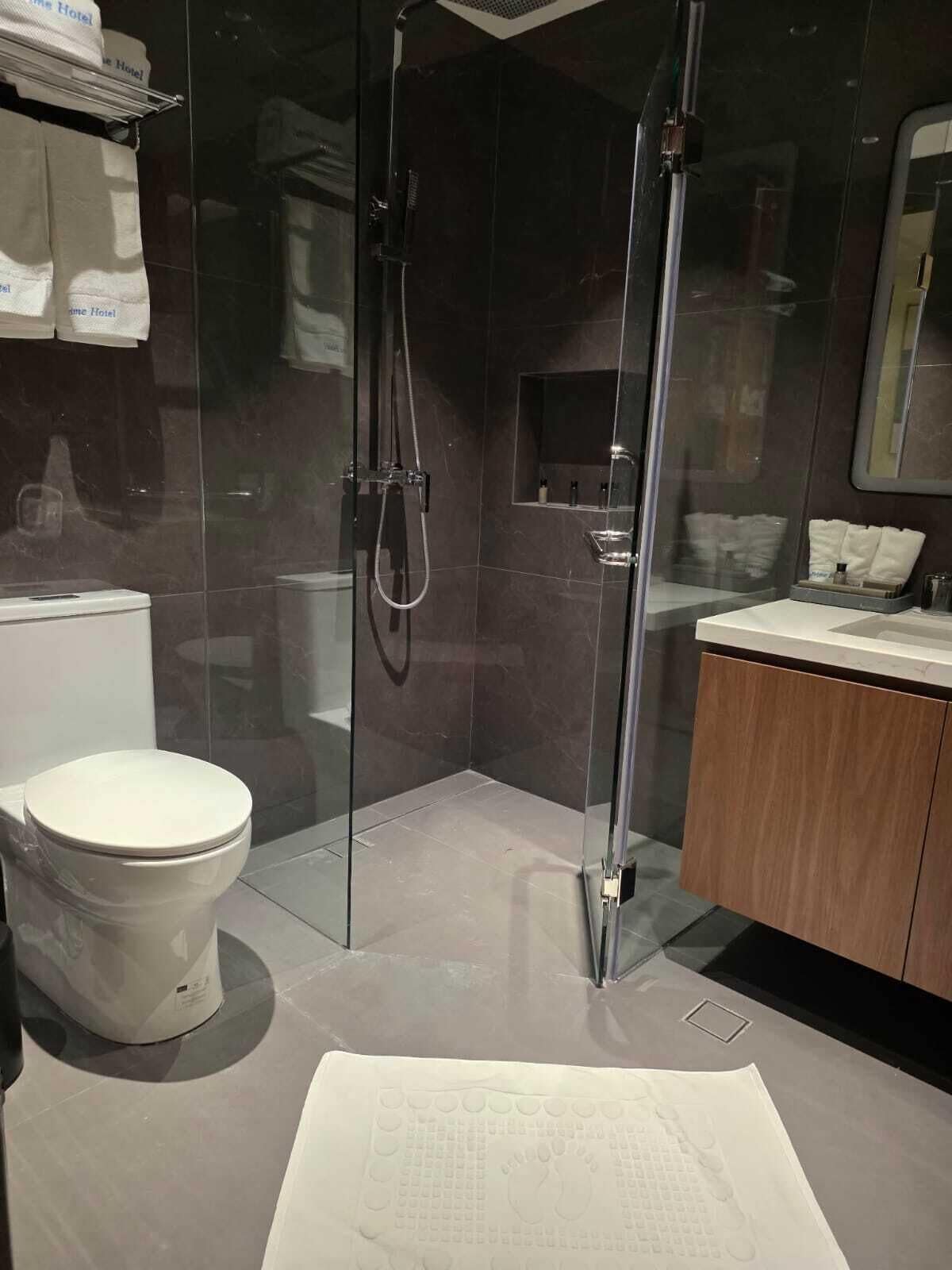 A modern bathroom with a glass-enclosed shower, a toilet, and a vanity with a mirror.