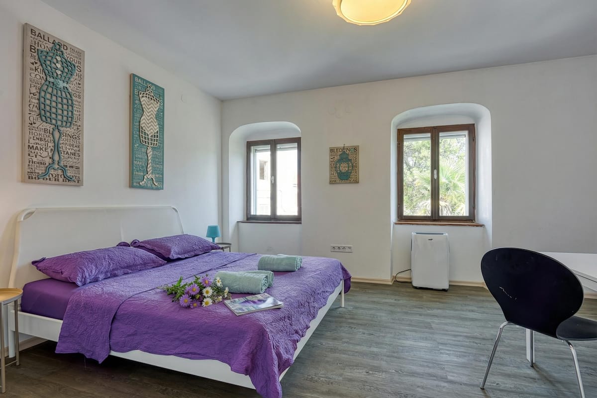 Une chambre Ă coucher avec un lit, deux fenĂȘtres, un bureau et une chaise.
