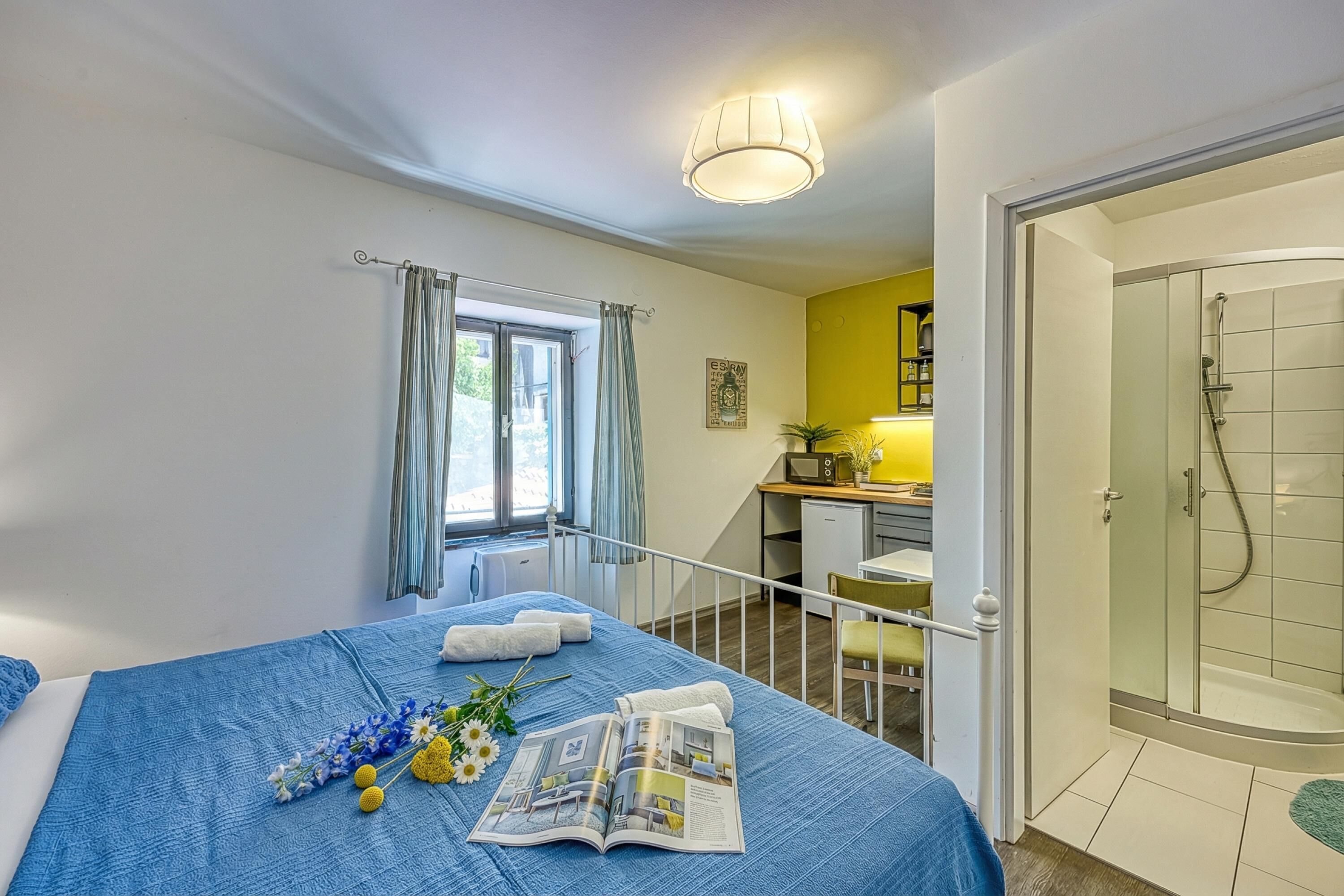 Un dormitorio con cama, ventana con cortinas, zona de ducha y una pequeña kitchenette.