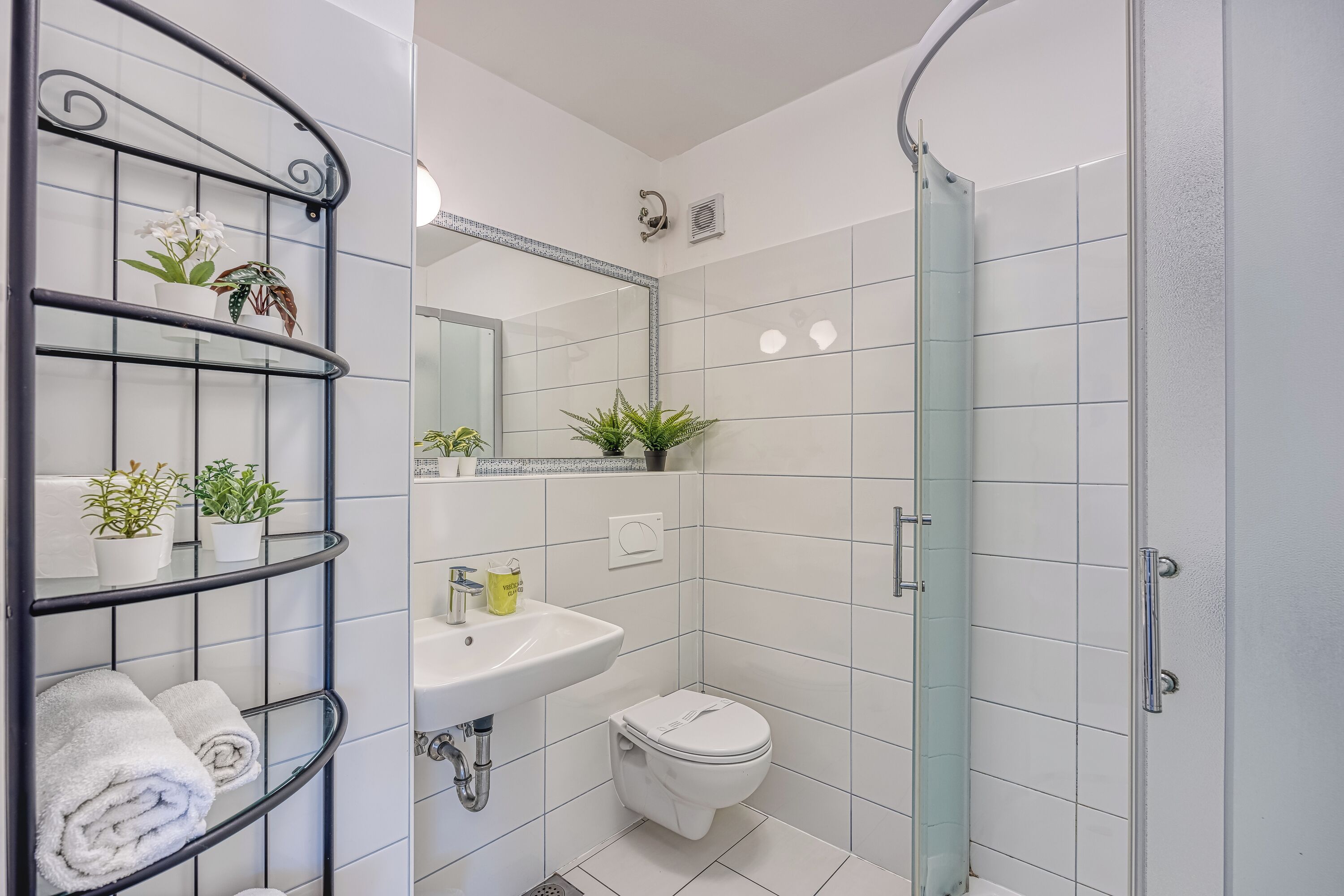 Un bagno con box doccia in vetro, lavandino bianco, water e mensole con piante in vaso.