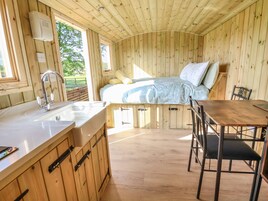 Fridge, electric kettle, cookware/dishes/utensils