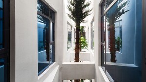 A narrow corridor with white walls and large windows, featuring a central palm tree. - Shenzhen Naive S Hotel (Xili Metro Station Store) (Shenzhen)