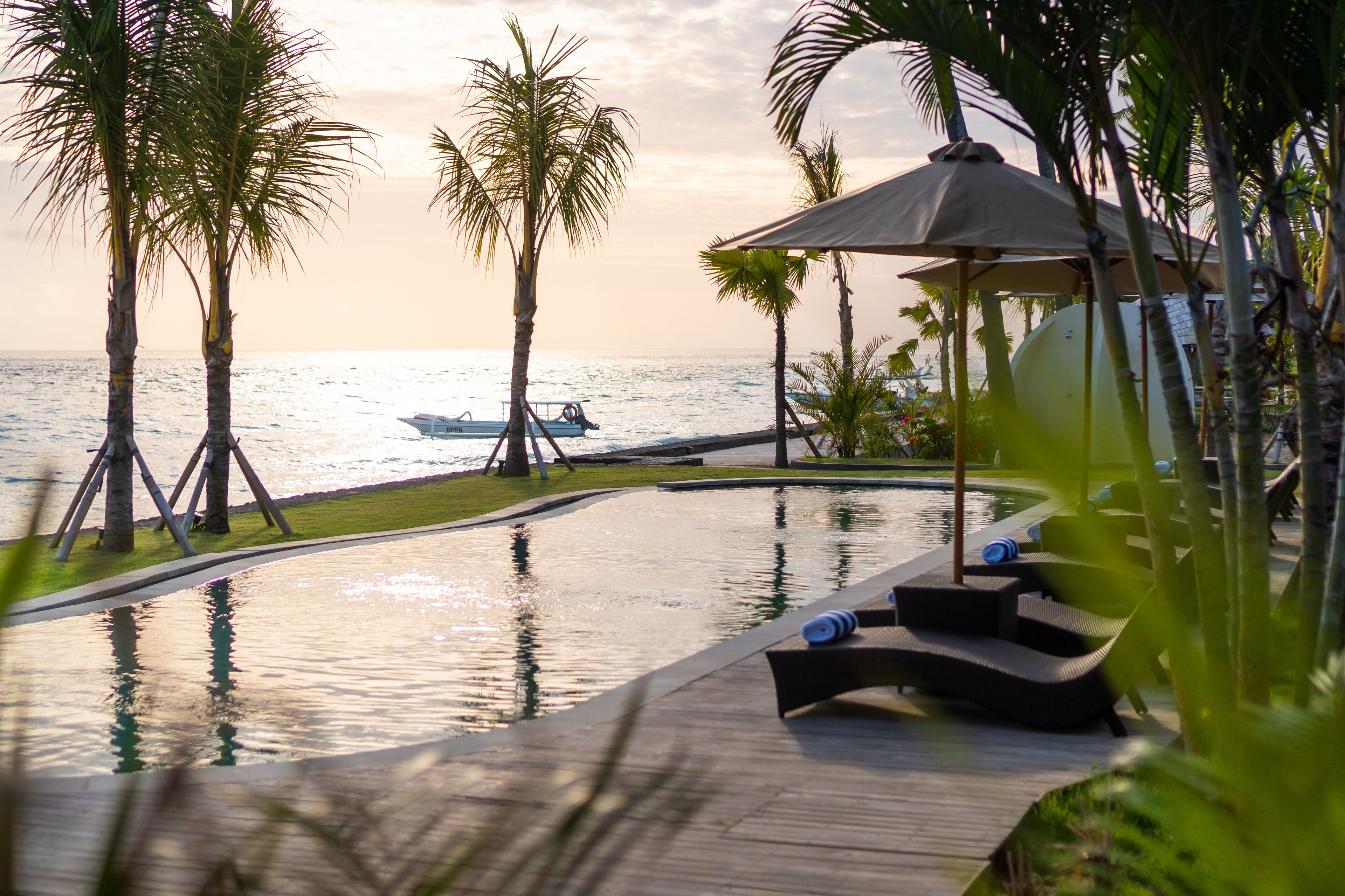 A poolside area with lounge chairs and umbrellas, palm trees, and a view of the ocean.