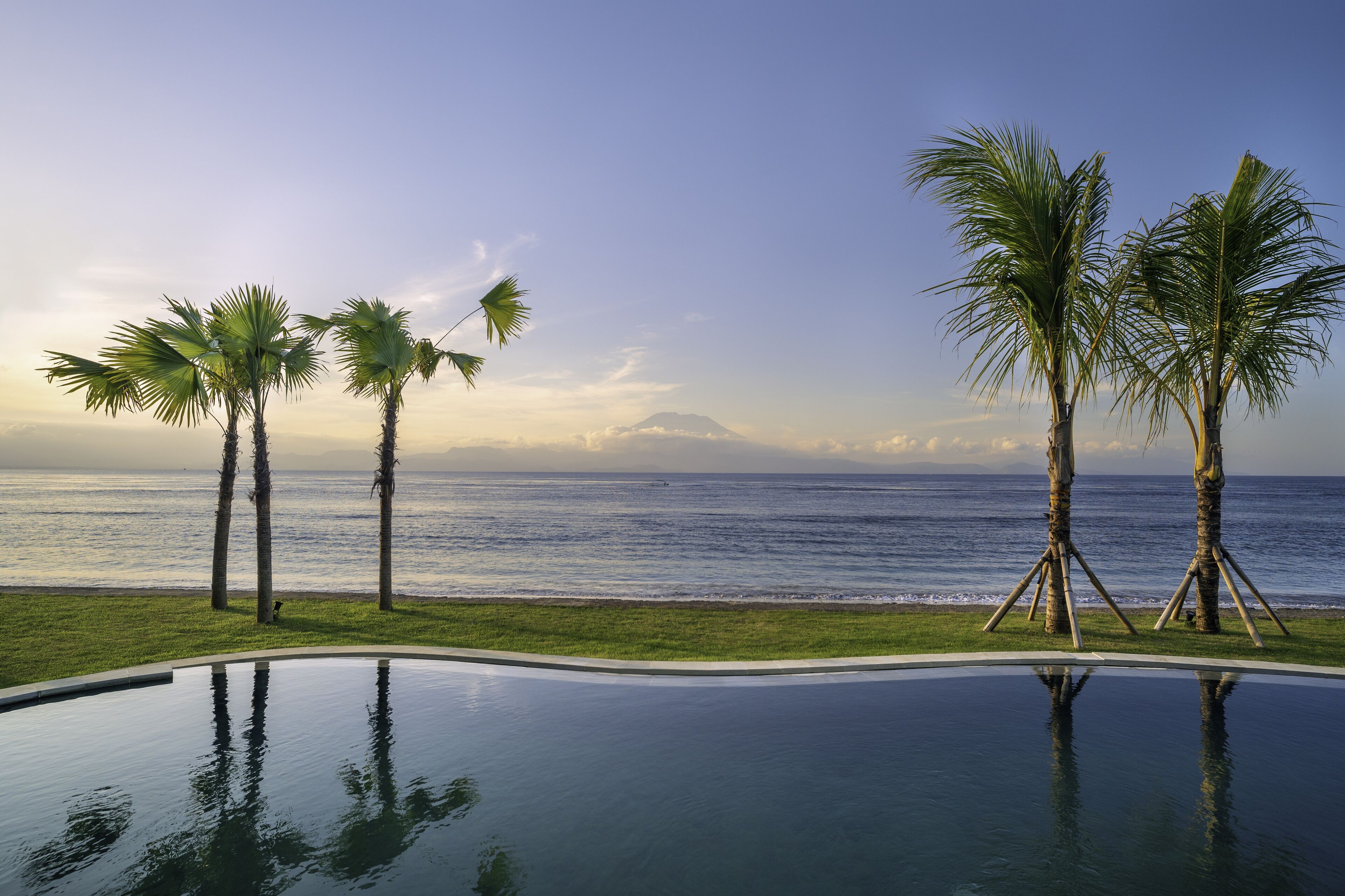 Una piscina con vista al océano y palmeras.
