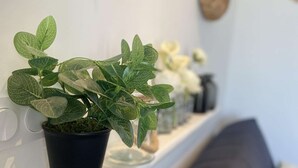 A potted plant on a white shelf with a gray sofa in the background. - La vie est belle - Arromanches center, terrace (Arromanches-les-Bains)
