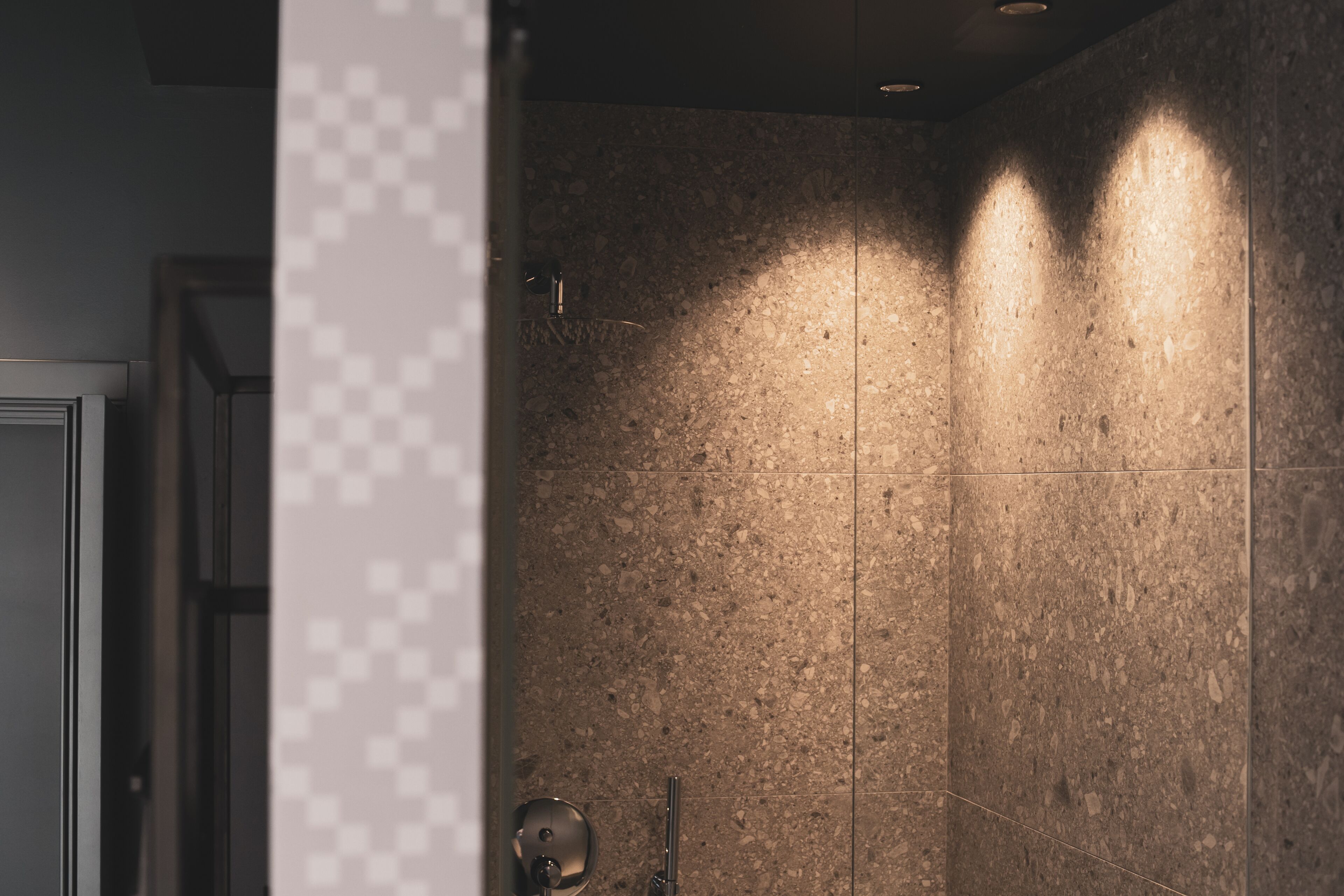 A shower with a speckled tile wall and a visible showerhead.