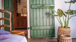 A green wooden door, a wicker basket with plants, and a wooden chair. - L'Hacienda Occitane- Heated pool- air conditioning (Nègrepelisse)