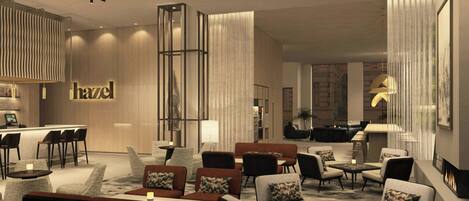 Een moderne hotellobby met een bar, zitgedeeltes en een zichtbaar 'hazel' bord.