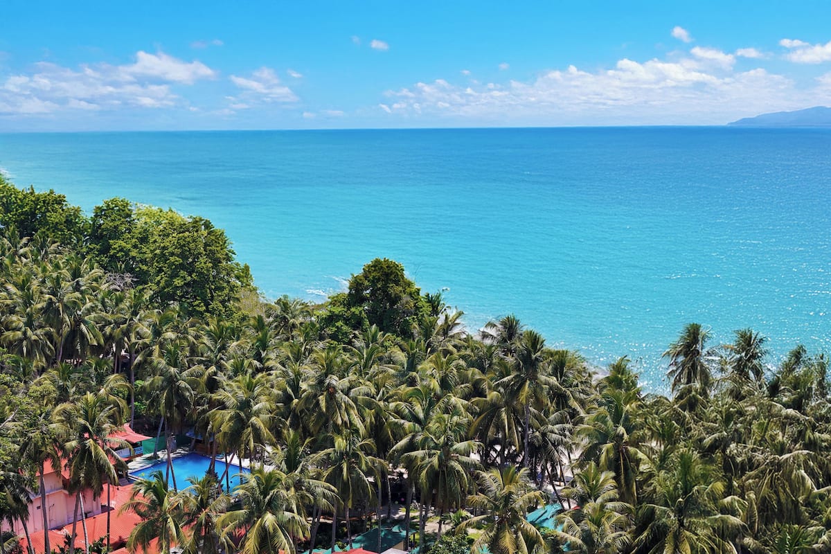 Um resort tropical com piscina, rodeado por palmeiras e vista para o oceano.