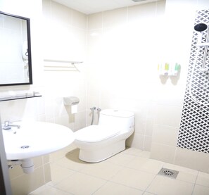 Une salle de bain avec des toilettes, un lavabo et une douche.
