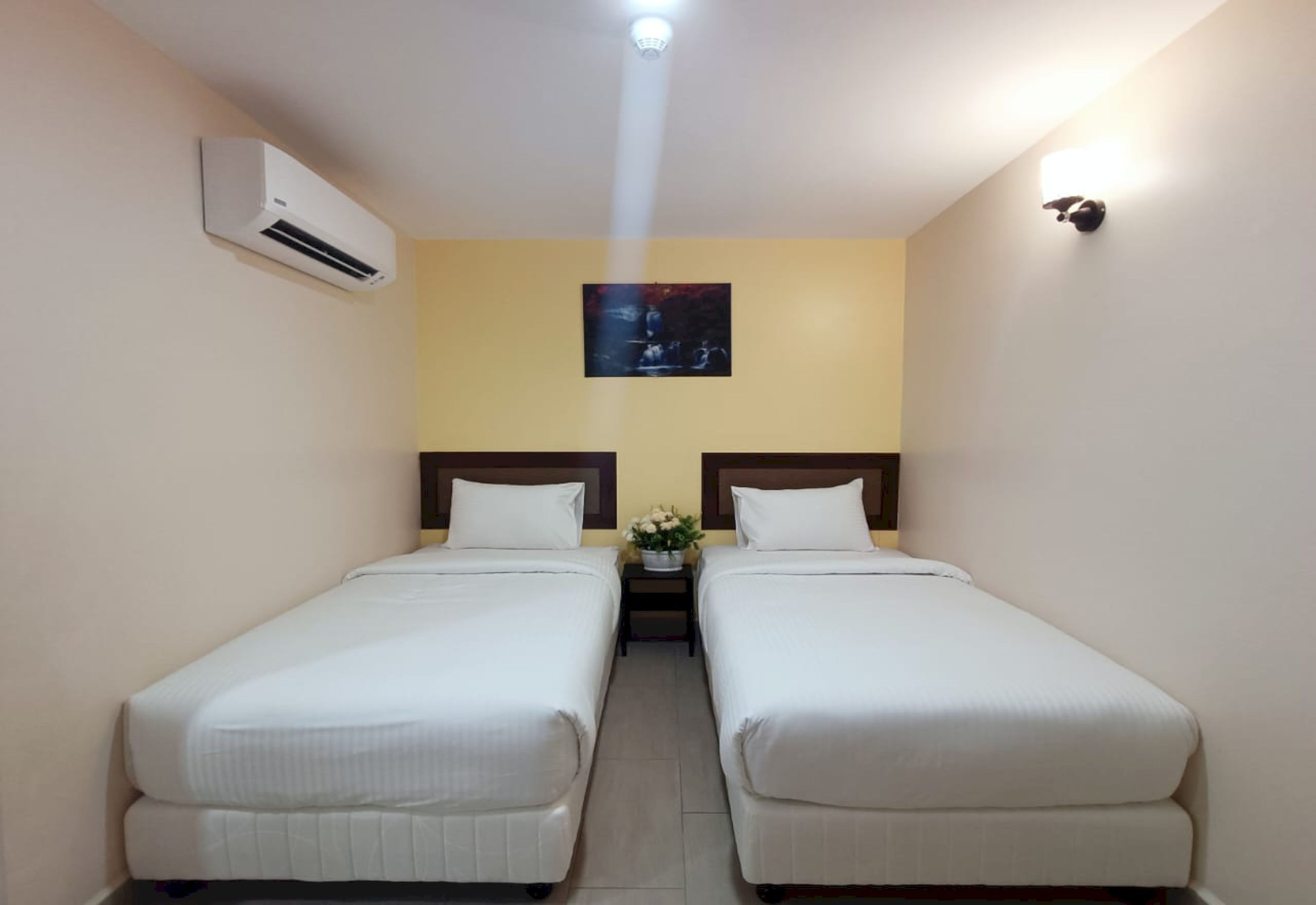 Una habitación de hotel con dos camas individuales, un aire acondicionado instalado en la pared, una mesita con una flor y un cuadro sobre las camas.