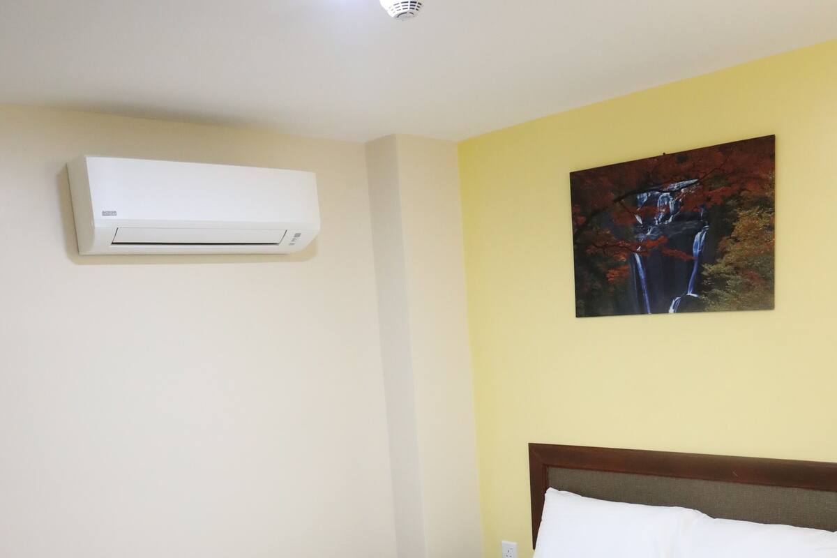 A hotel room with a bed, an air conditioner, a painting, and a nightstand.