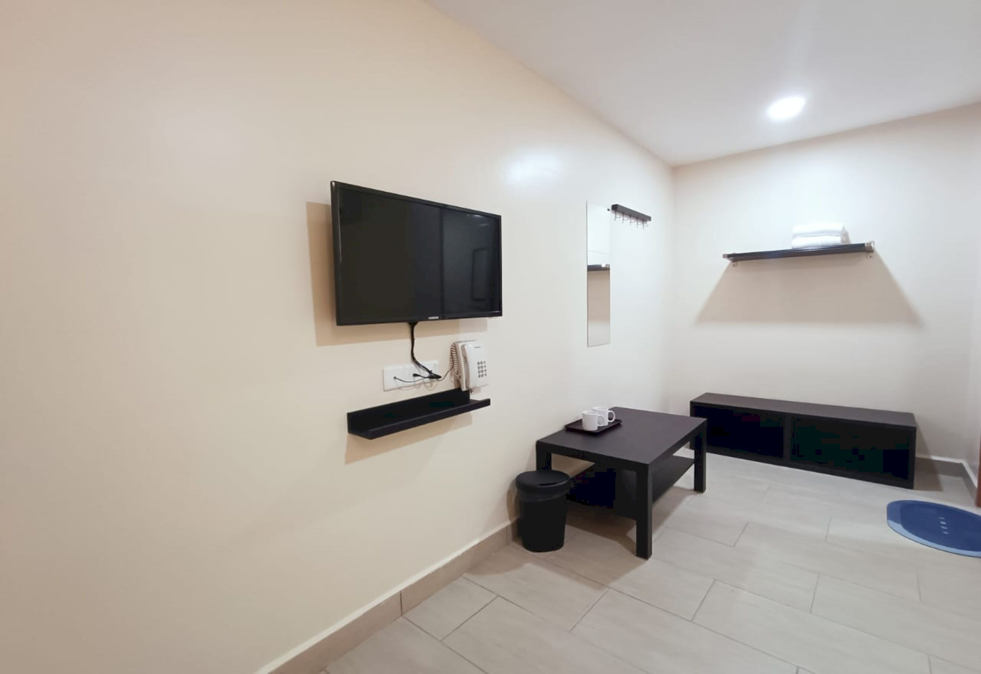 Una sala de estar pequeña y moderna con un televisor de pantalla plana montado en la pared, una mesita con una taza de café, un bote de basura y un tapete azul en el suelo.