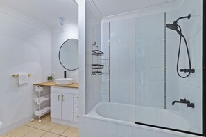 Hair dryer, towels, soap, shampoo