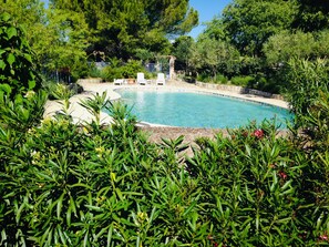 Una piscina rodeada de abundante vegetación y un muro de piedra.