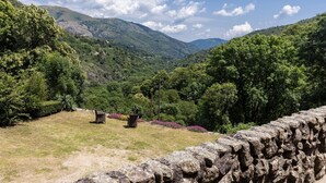Mural de pedra, área gramada e paisagem montanhosa com árvores.