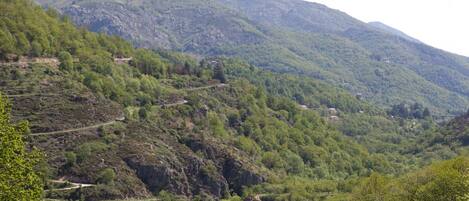 A mountainous landscape with terraced fields and a winding road.