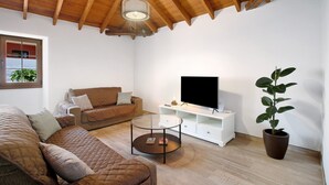 Ett vardagsrum med ett träpanelat tak, ett soffbord i glas, en soffa, en tv på ett vitt tv-bord och en krukväxt.