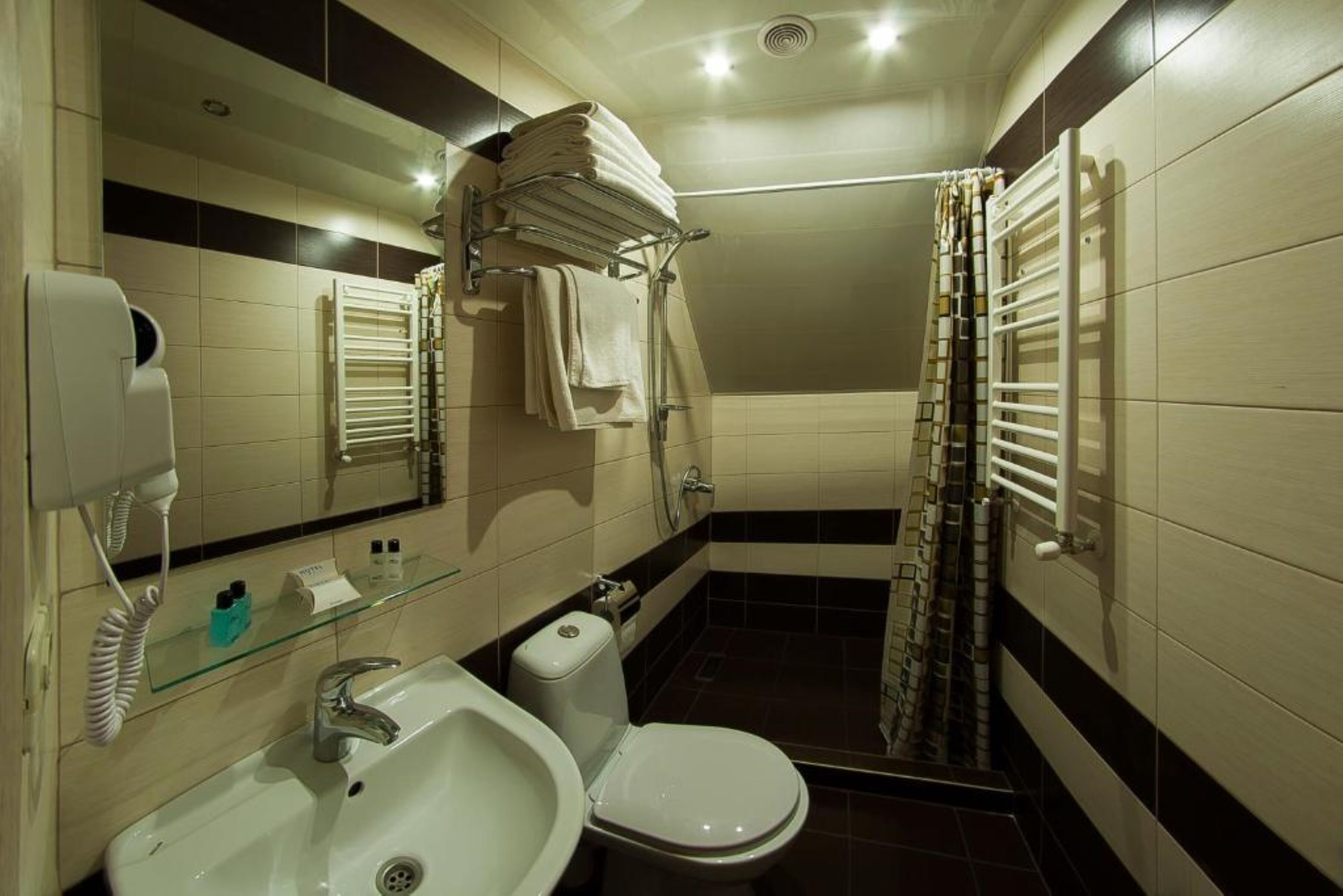 A bathroom with a sink, toilet, and shower. There are towels and a glass shelf with toiletries.