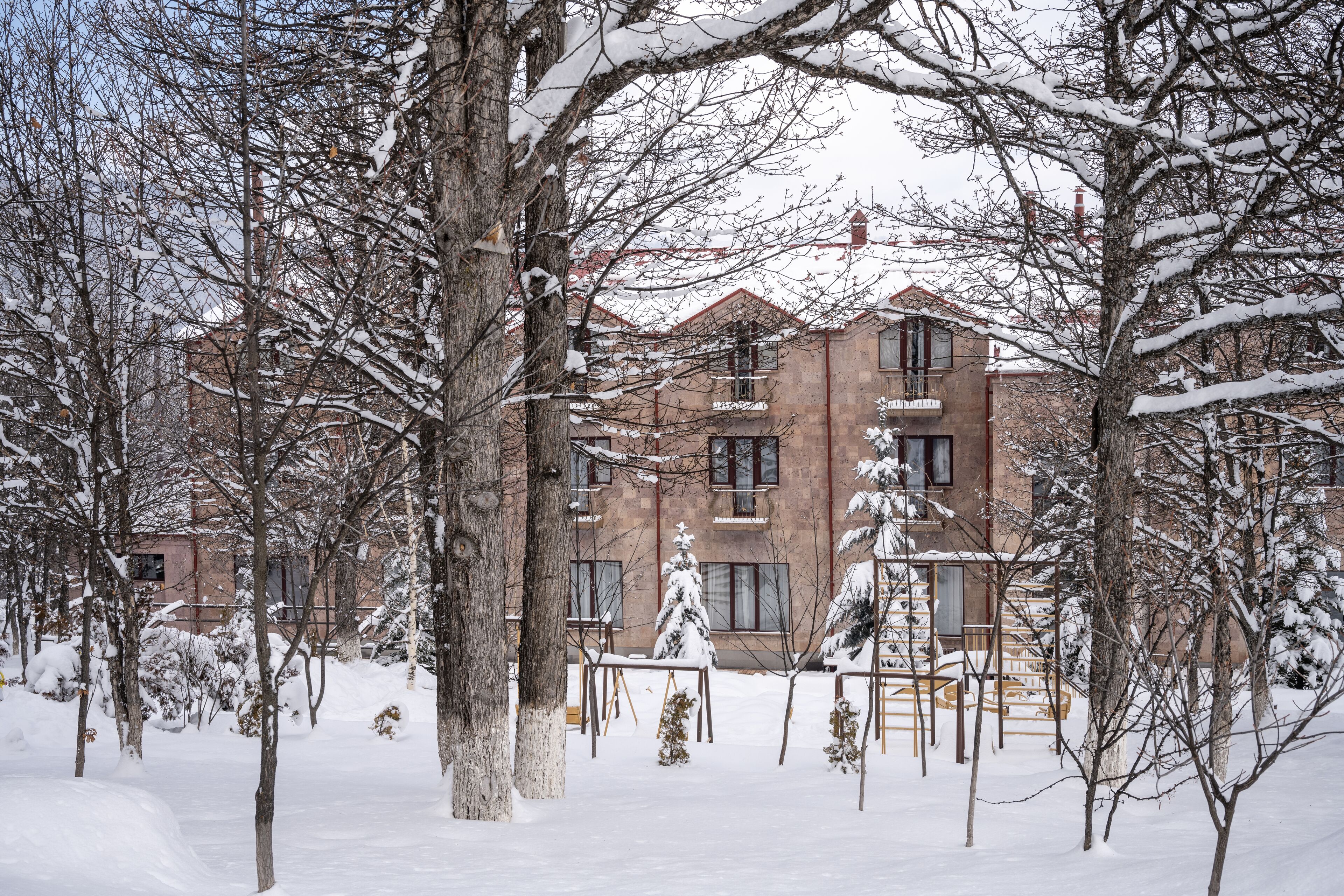 Un patio cubierto de nieve, árboles desnudos y un edificio de ladrillo al fondo.