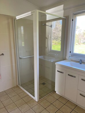 Shower, hair dryer, towels, soap