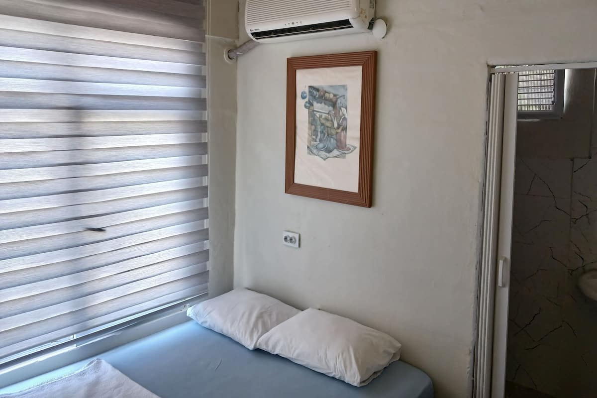 A room with a bed, a wall-mounted air conditioner, a framed picture, and a window with blinds.