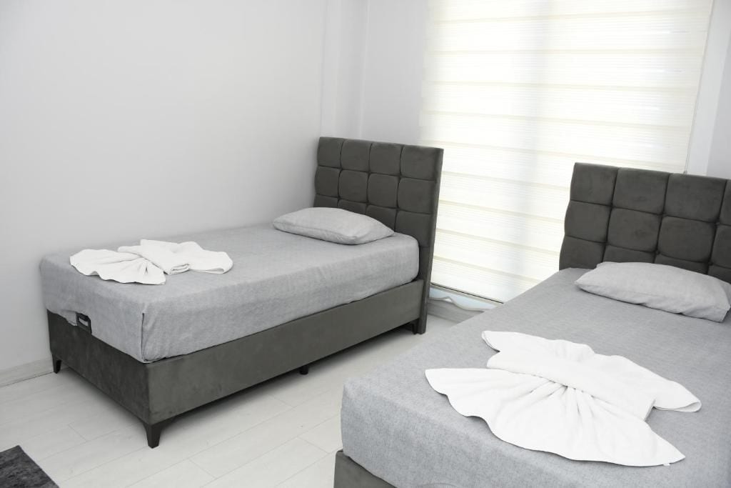 A hotel room with two single beds, each with a grey headboard and white bedding.
