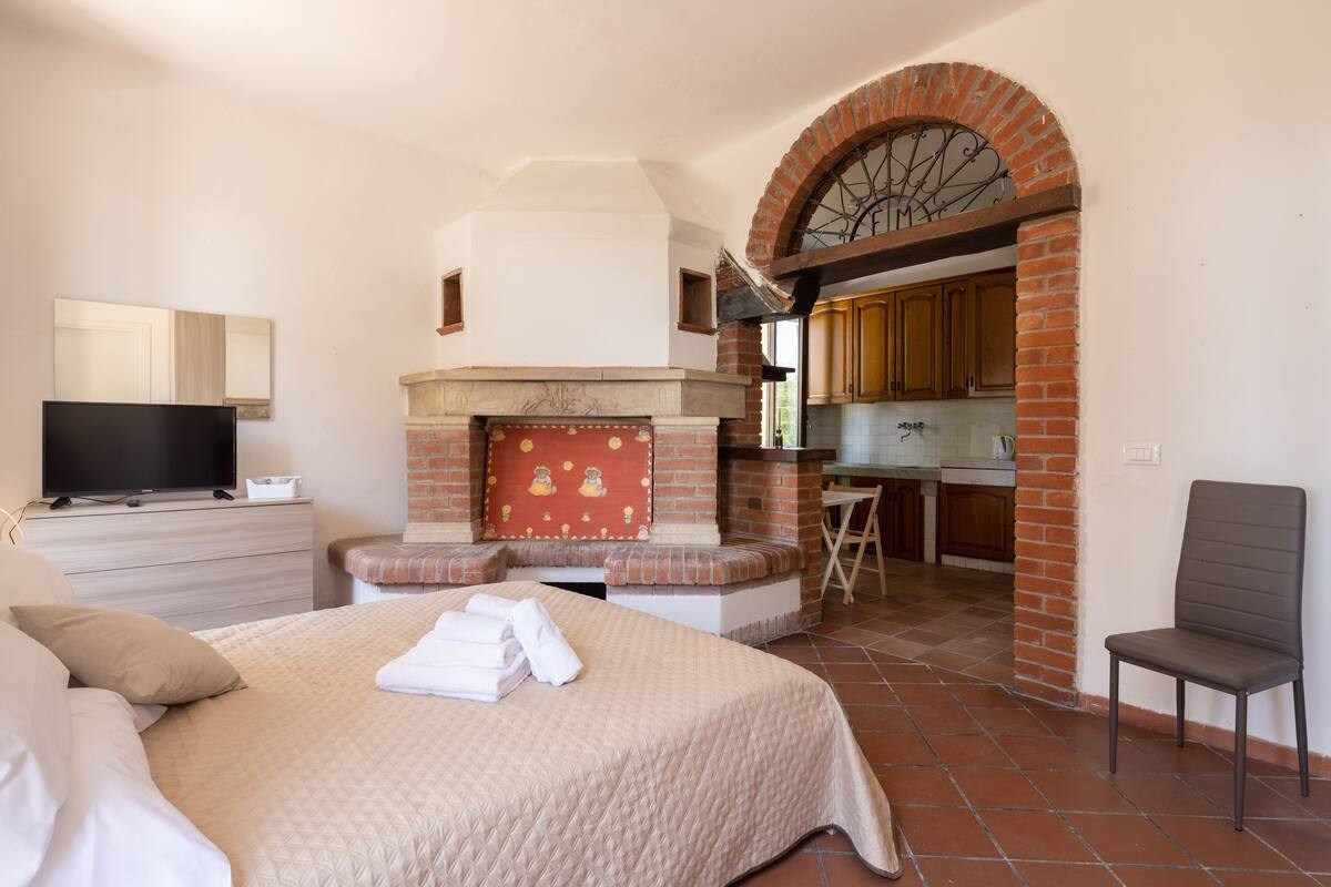 Quarto com cama grande, televisão e lareira.