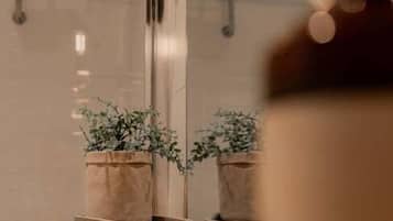 Chuveiro, secador de cabelo, toalhas de banho