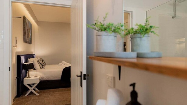 Una habitación de hotel con cama, mesita de noche y un pequeño escritorio. Hay dos plantas en macetas sobre el escritorio.