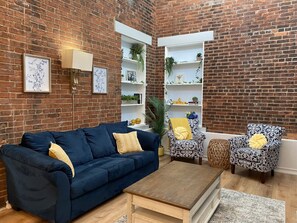 Smart TV, fireplace, books